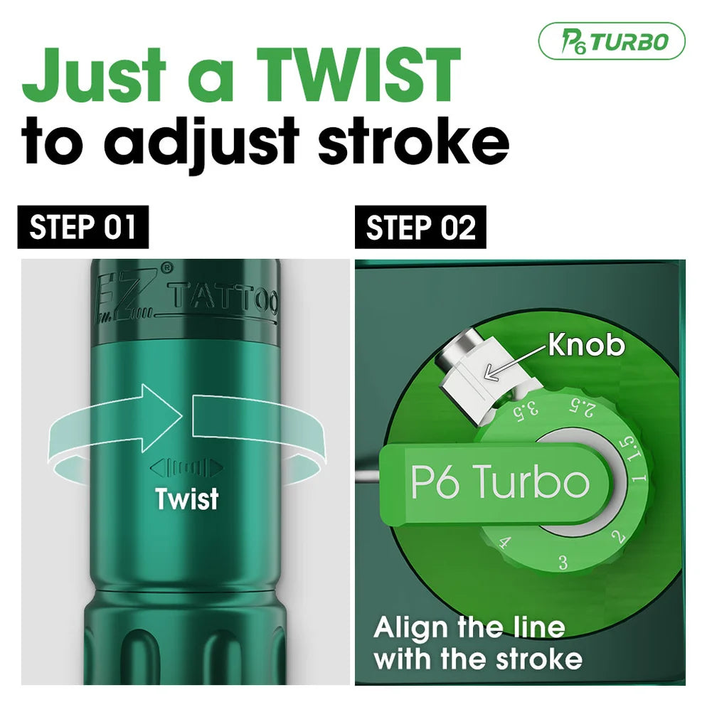 EZ P6 Turbo Direct Drive Adjustable Stroke Wireless Tattoo Machine 2.0–4.2mm